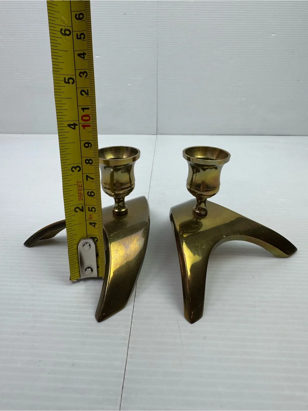 VTG Mid Century Modern Brass Candle Holders Boomerang Tripod Wishbone Taper Pair